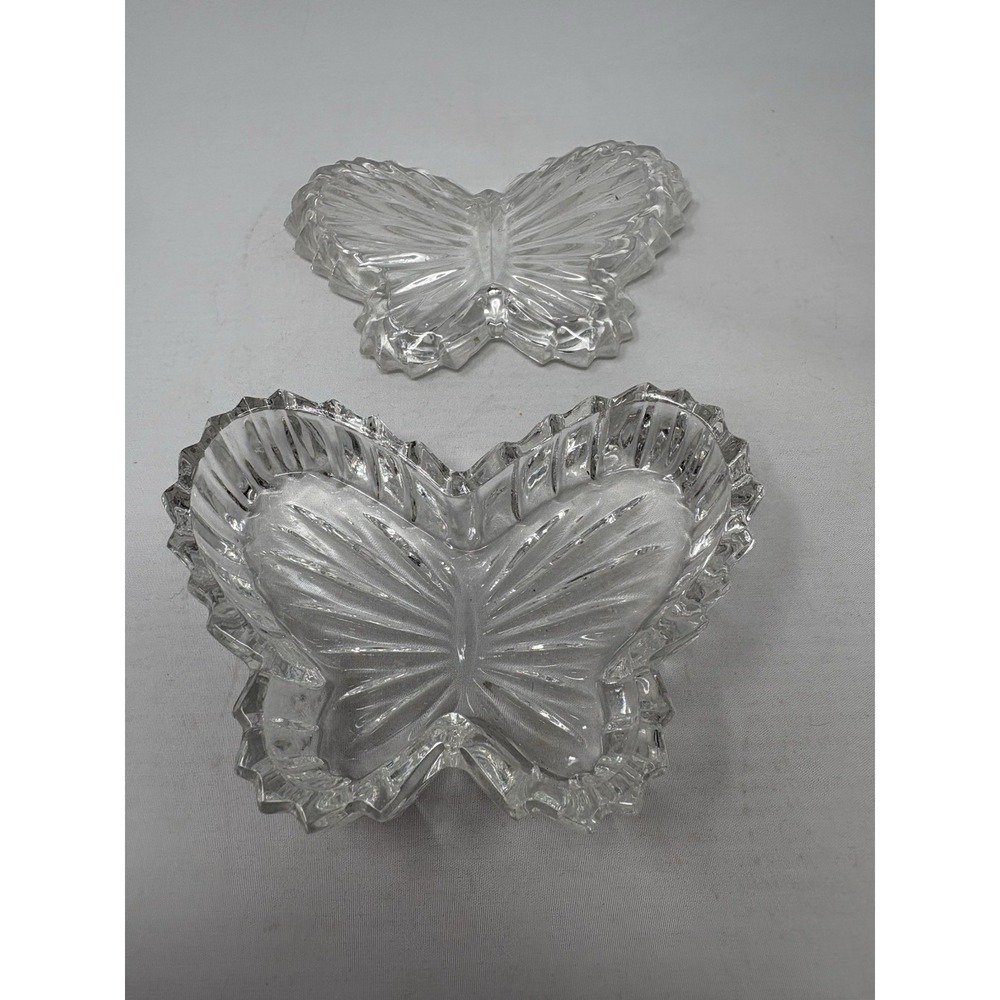 Vintage 90's Clear Crystal Butterfly Shaped Trinket Dish With Lid No Chips